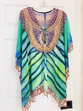 Vibrant Teal & Lime Beaded-Print Kaftan Top